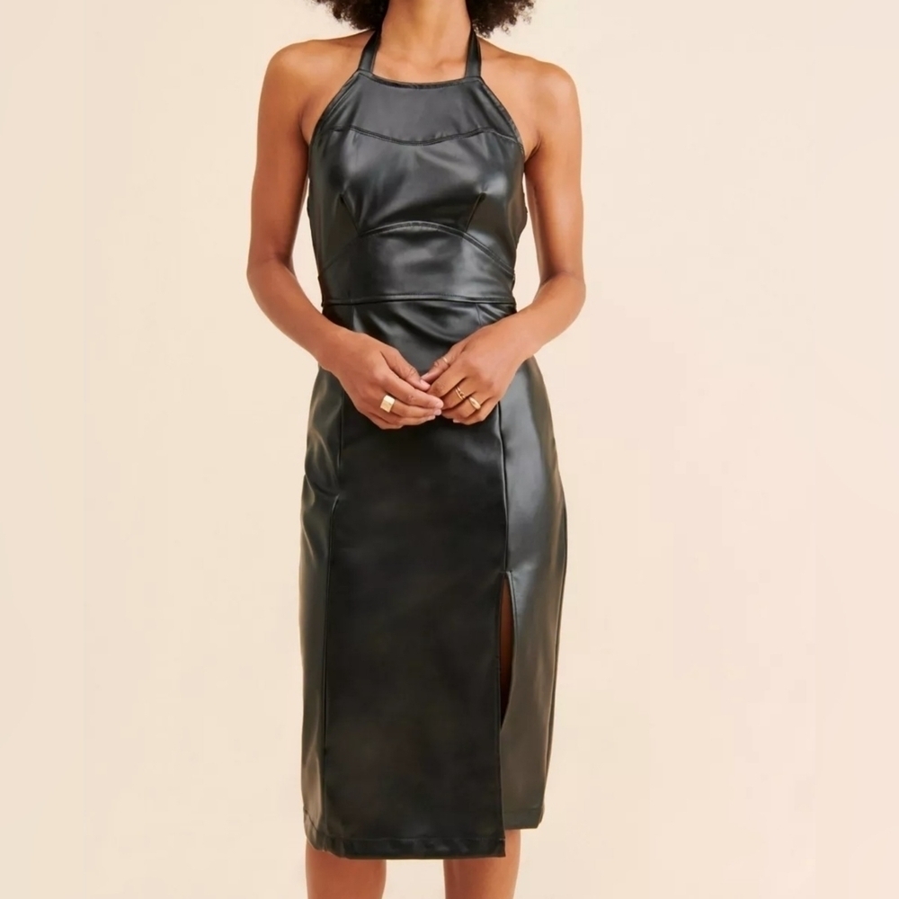 Lost + Wander Women's Faux Leather Black Onyx Halter Neck Midi Dress